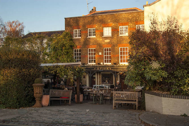 The Flask pub in Highgate village — iconic North London landmark with outdoor seating