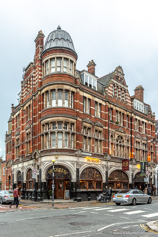 The Queens pub in Crouch End — iconic Victorian building in North London